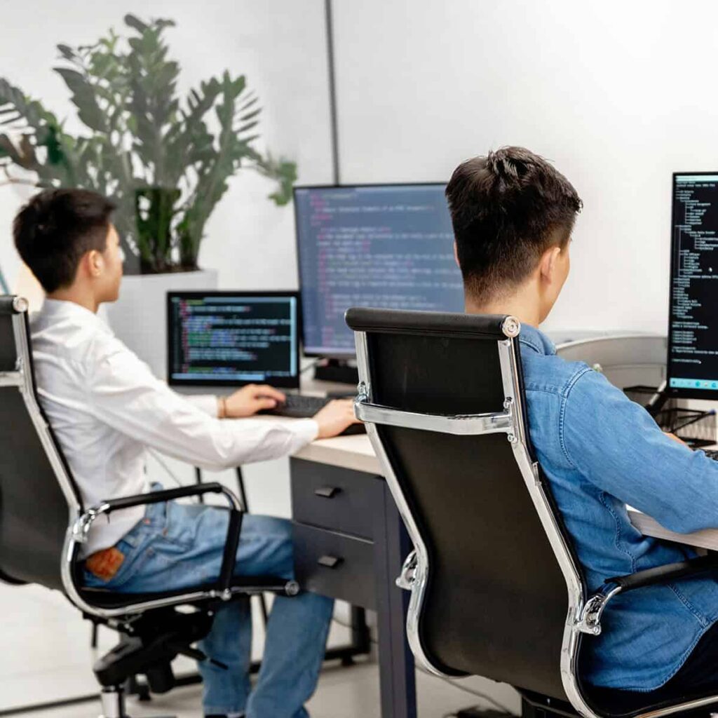 Two programmers working at computers.