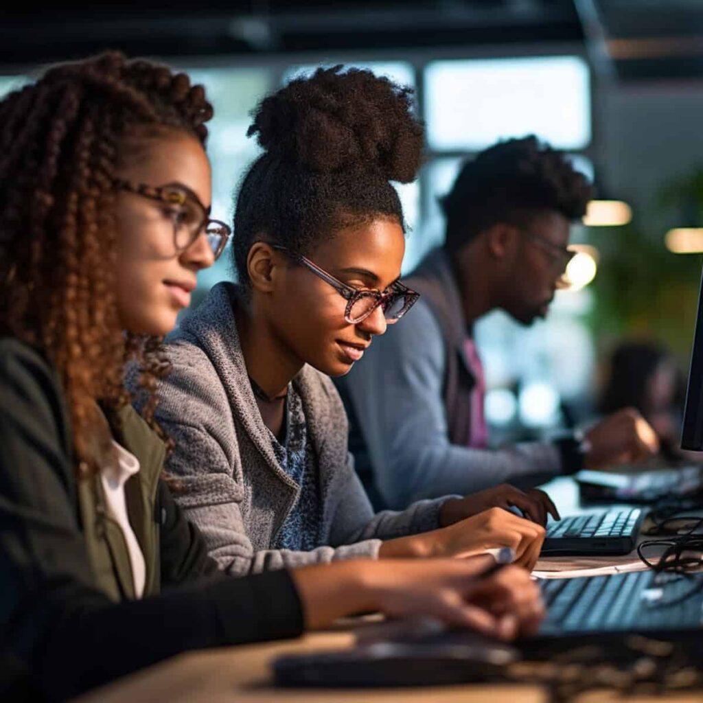 Students working on computers together.