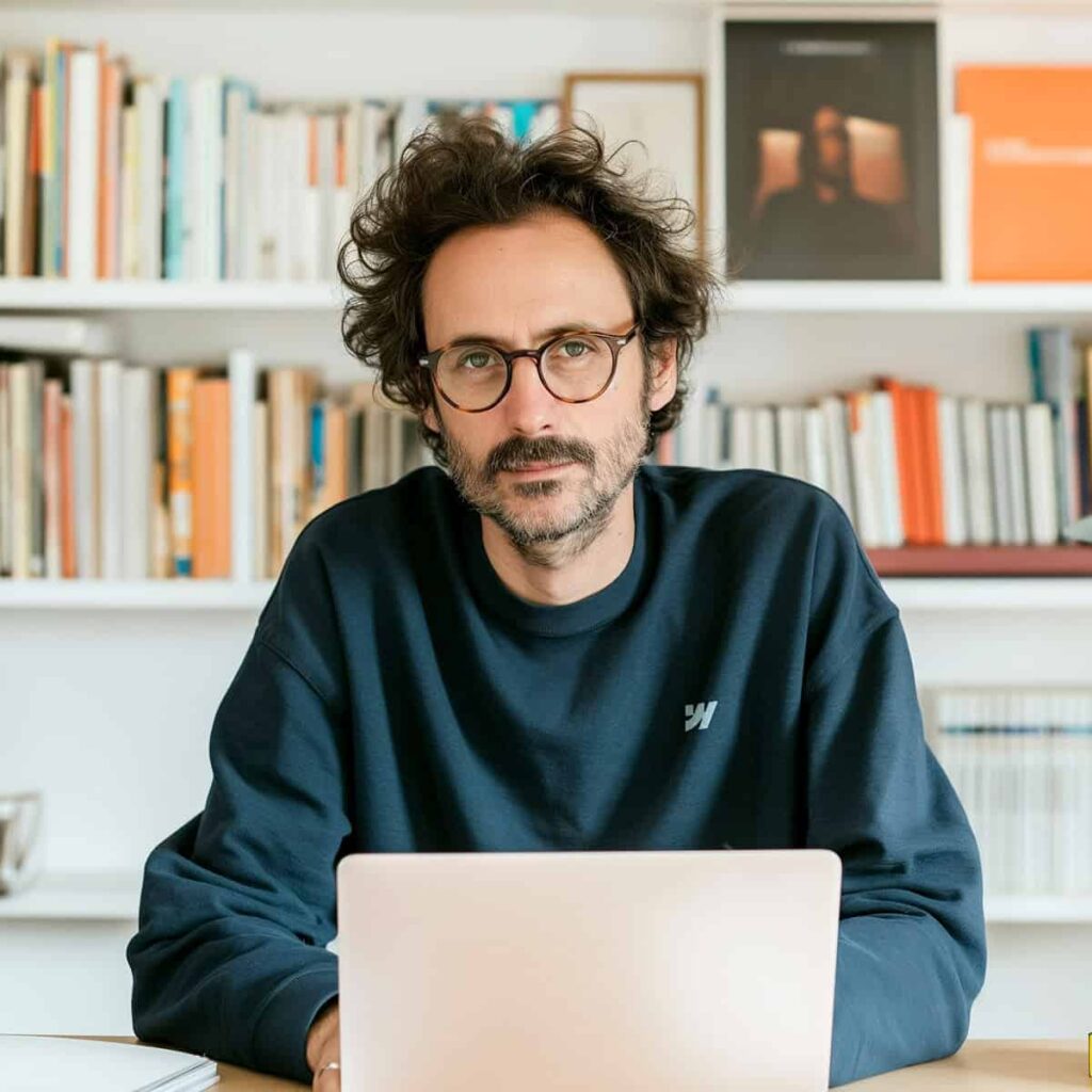 Man with glasses sitting at desk